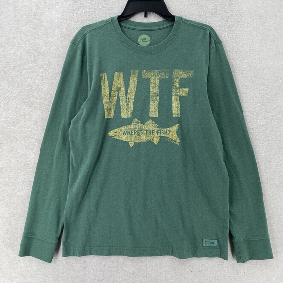 Men's Life Is Good WTF Fish Fishing Green‎ LITE SS Crusher Tee MEDIUM - Picture 1 of 13